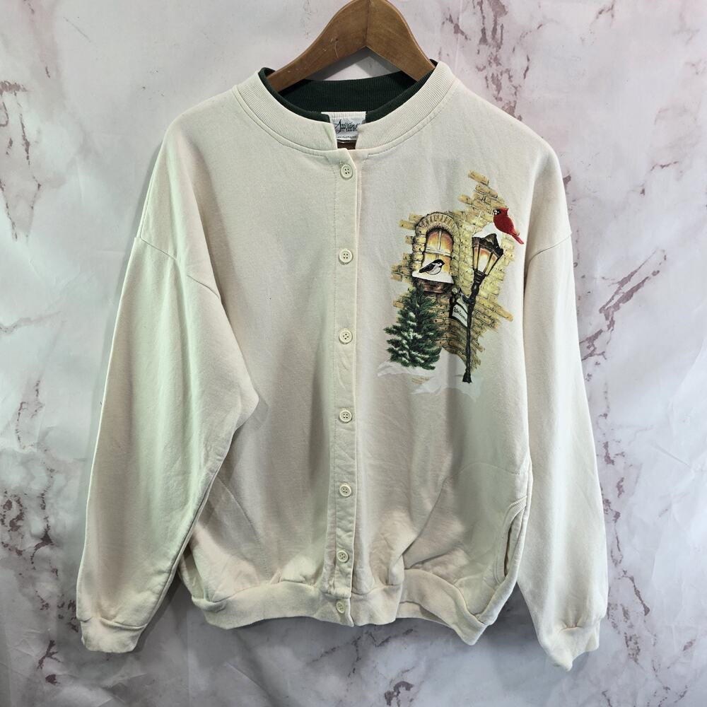 Vintage Sweatshirt Womens Large XL White Cardigan Granny 90s Chikadee Cardinal